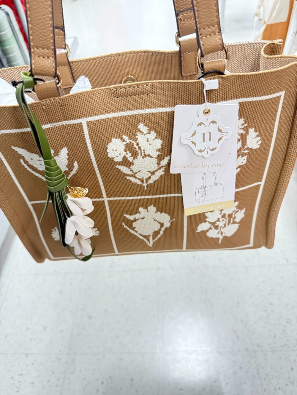 NWT NANETTE LEPORE LUCIA KNIT TOTE SHOULDER BAG BROWN SUGAR FLORAL W CHARM